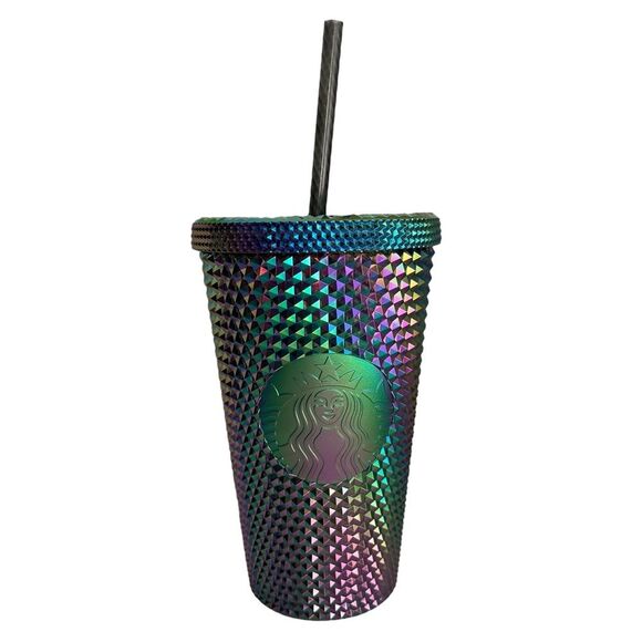 NWT Starbucks OIL SLICK Cold Cup Grande BLACK BLING Tumbler Rainbow Studded 2023 - Picture 1 of 4